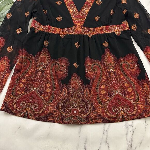 INC Womens Vintage Y2k Babydoll Top Size L Black Orange Paisley Mesh Sheer Trim - Picture 5 of 11